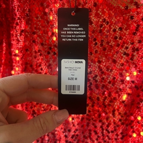 Fashion Nova/ Red Sheer Crochet and Sequin One Sleeve Maxi Dress/ Size M - Picture 6 of 7